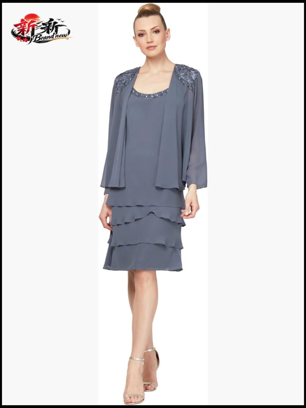 Mother of Bride Tiered Jacket Dress with Beaded Shoulder Embellishment